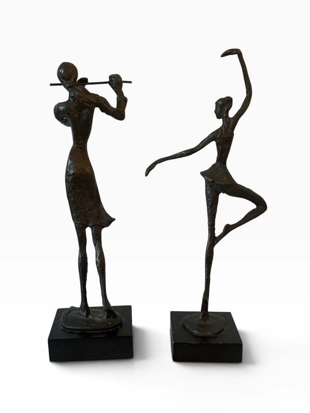 Pier 1 Brutalist Style Bronze Finished Ballerina and Musician Sculptures Set